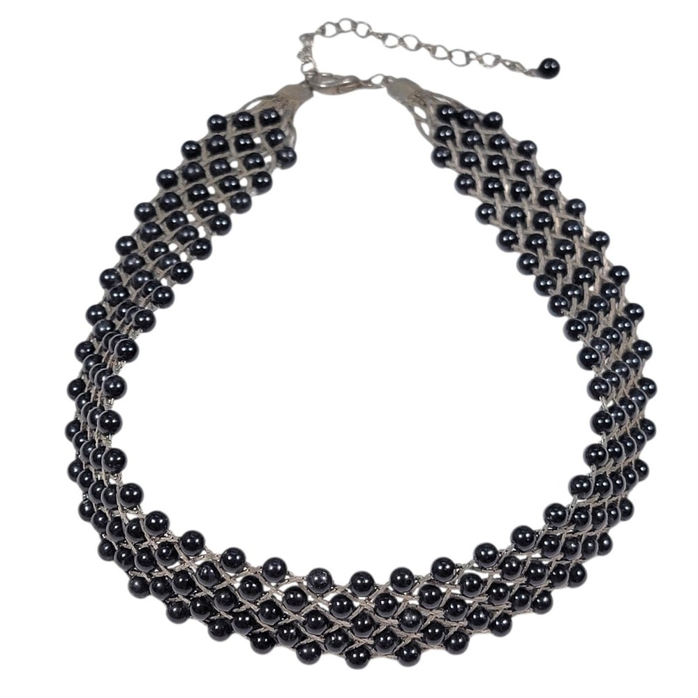 VTG 80s Black Beaded Woven Mesh Choker Necklace Silver Tone Flexible Goth Grunge